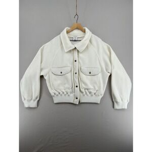 Women's Milk Run White Fleece Cropped Bomber Jacket Snap Front Sz M